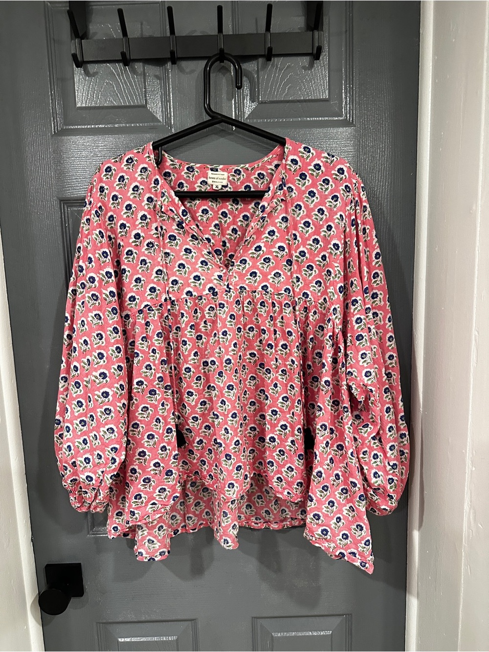 Pink Floral V-Neck Peasant Blouse
